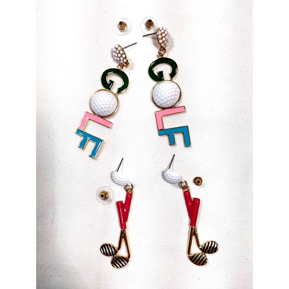 2 Pair Golf Earrings Novelty Sports Jewelry Large Dangles Funky Statement NEW